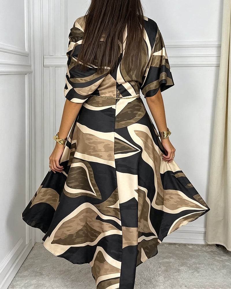 Waist Cinching Contrast Color Cape Style Dress