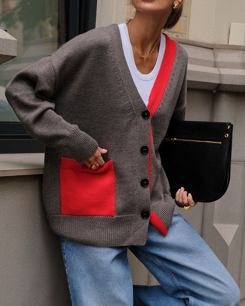 Contrast V-Neck Button-Down Cardigan