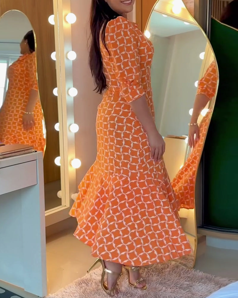 Half Sleeve Round Neck Waist Print Dress