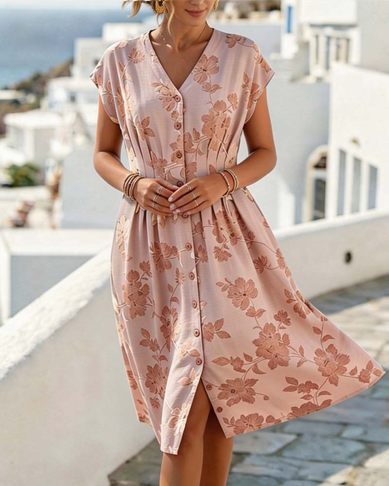 V-Neck Print Cinched Waist Button-Front Dress