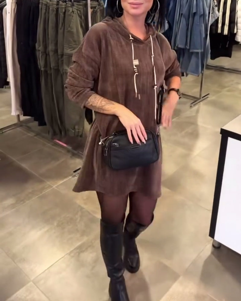 Solid Color Long-Sleeved Hooded Dress