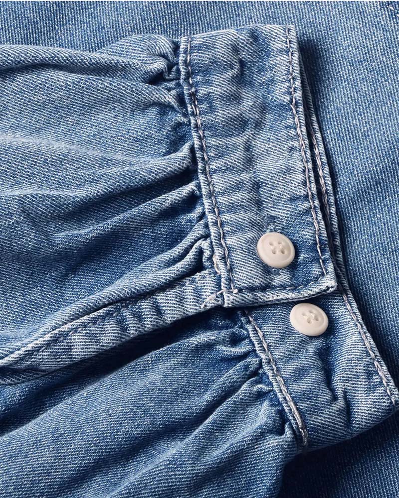 Snap Button Denim Lantern Sleeve Loose Shirt