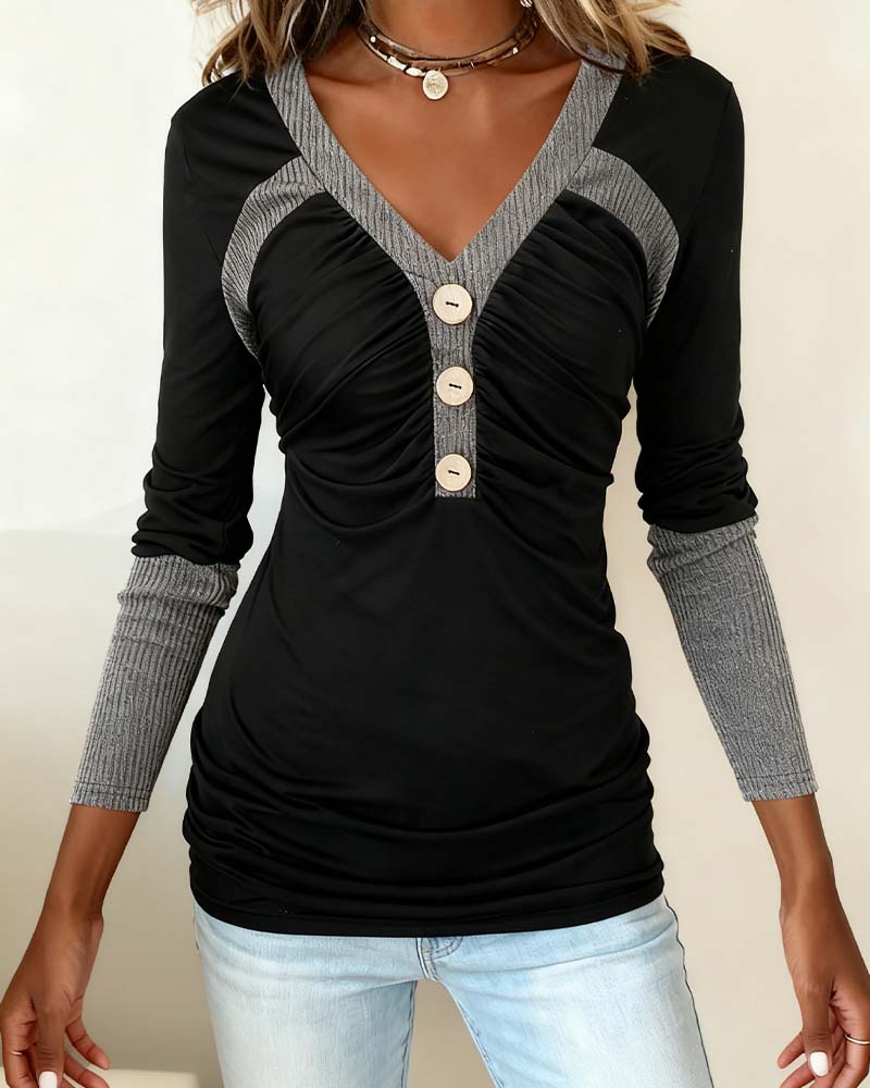 V-neck contrast color stitching top