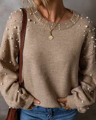 Beaded Long Sleeve Crew Neck Pullover
