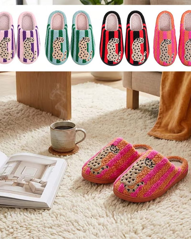Women’s Retro Striped & Leopard Fuzzy Slippers
