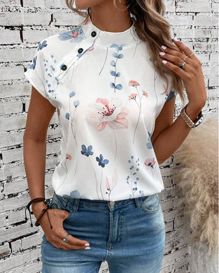 Floral print stand collar short sleeve top