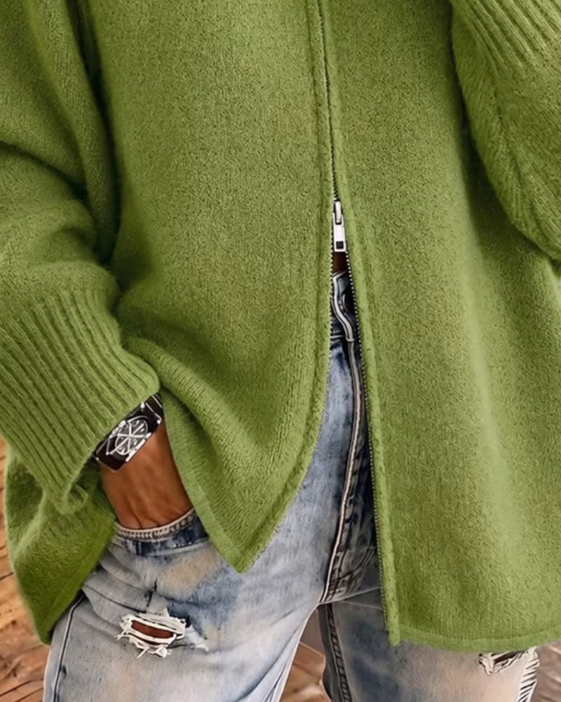 Stand Collar Zipper Solid Color Cardigan
