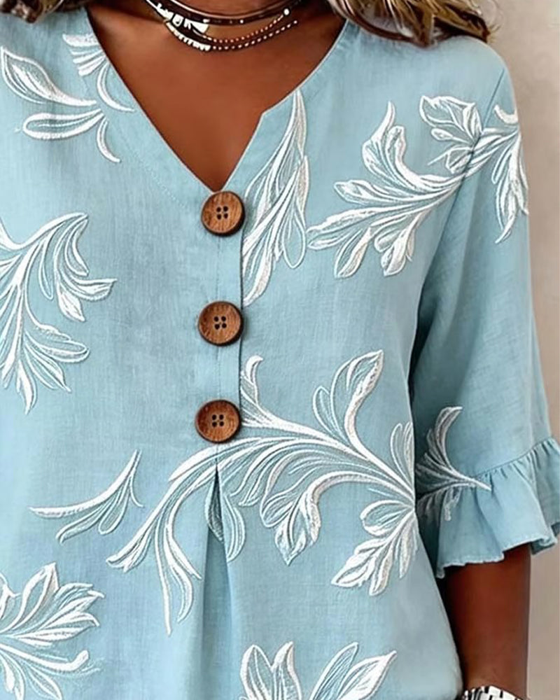 Ruffle Sleeve Three-Button Blouse