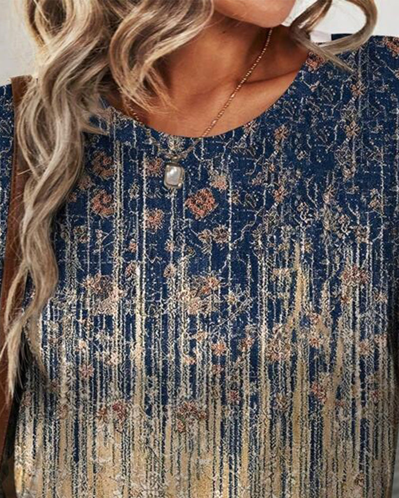 Retro Round Neck Printed Long-Sleeved Top