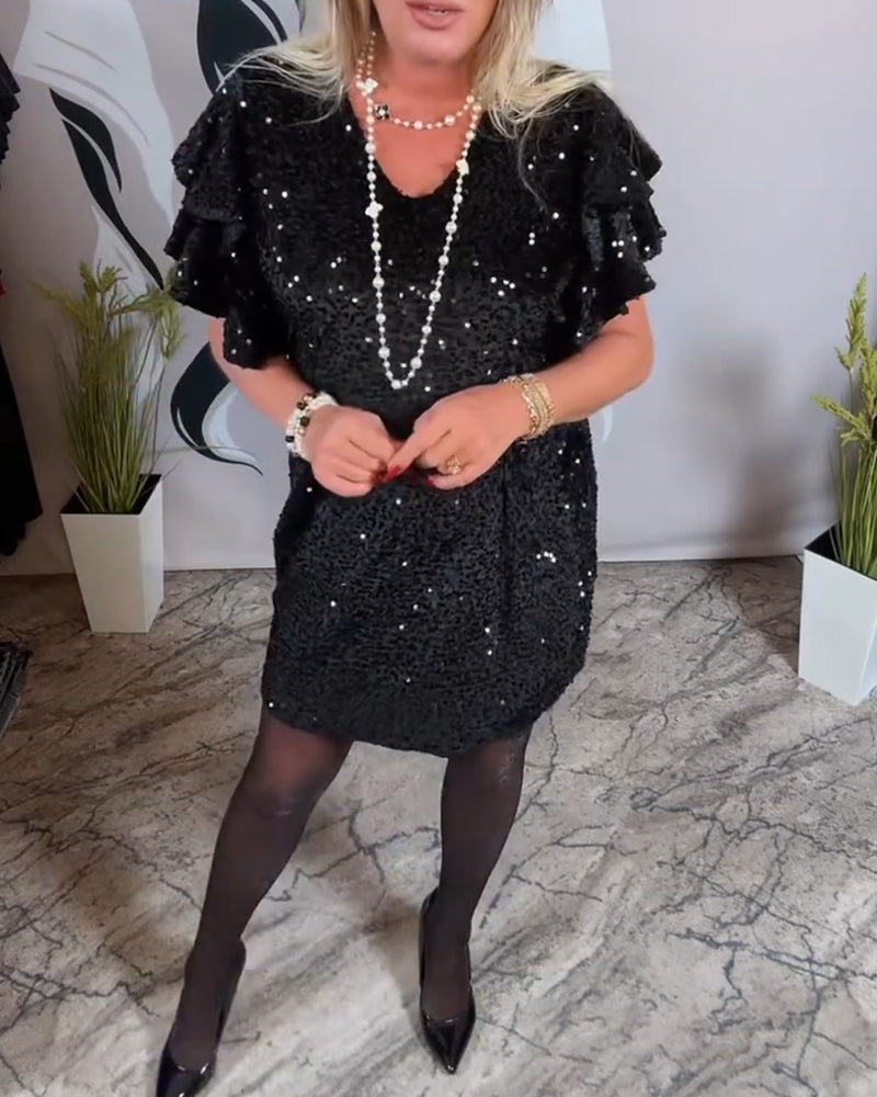 V-Neck Ruffle Sleeve Velvet Sequin Dress