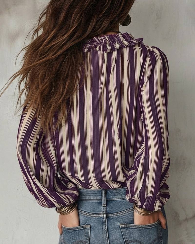 Deep V Vertical Striped Loose Blouse