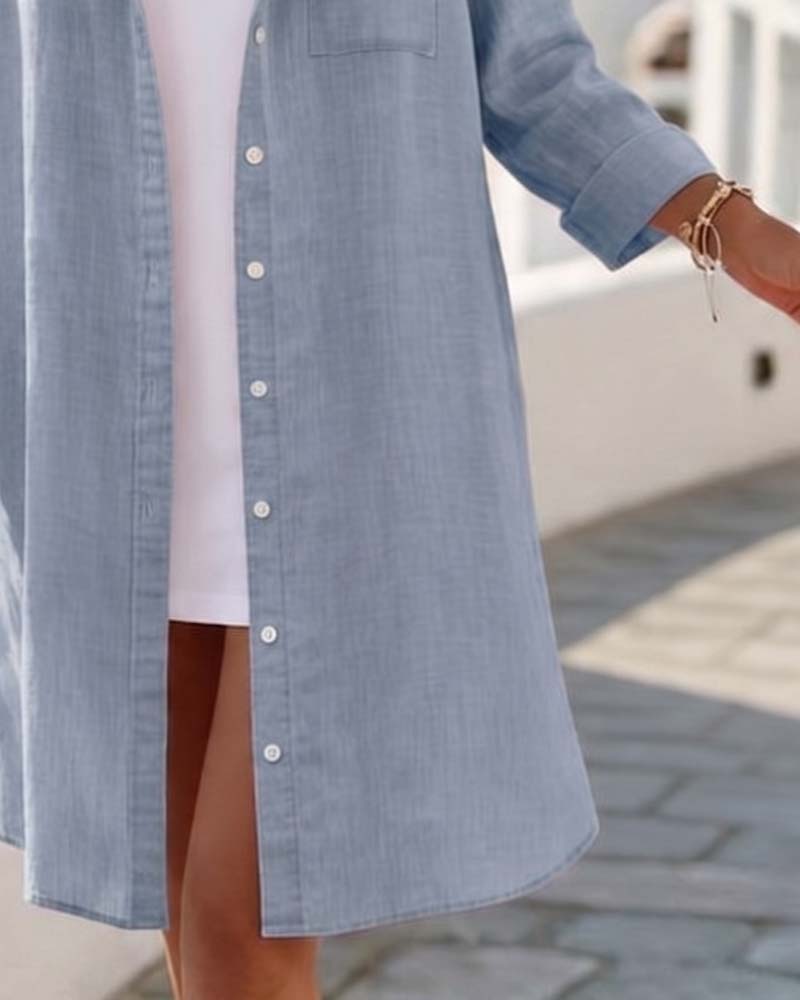 Lapel Button Long Shirt Dress
