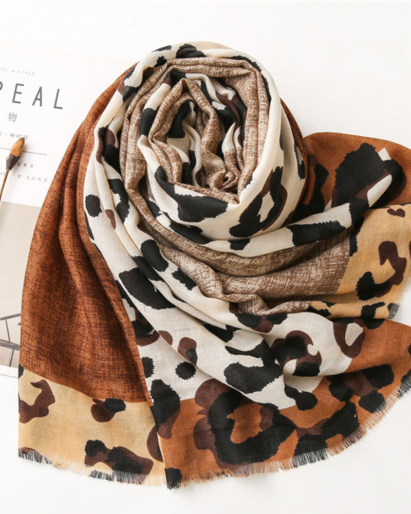Women's Leopard Patchwork Print Fringe Shawl Scarf