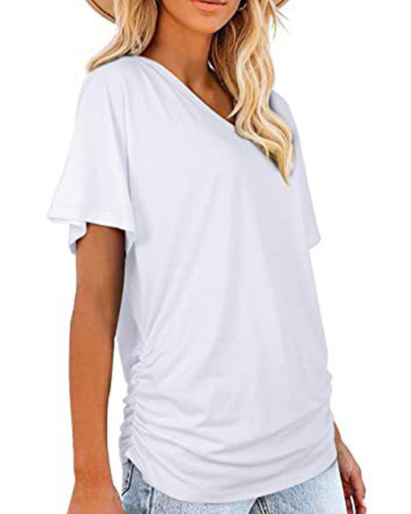 Pleated Solid Color V-Neck T-Shirt