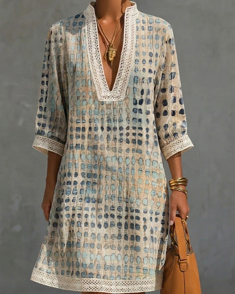 V-Neck Polka Dot Lace Patchwork Stand Collar Dress