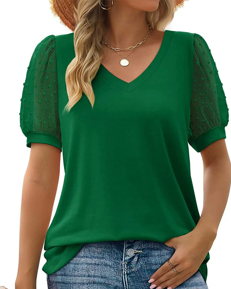 Solid Mesh Puff Sleeve Blouse