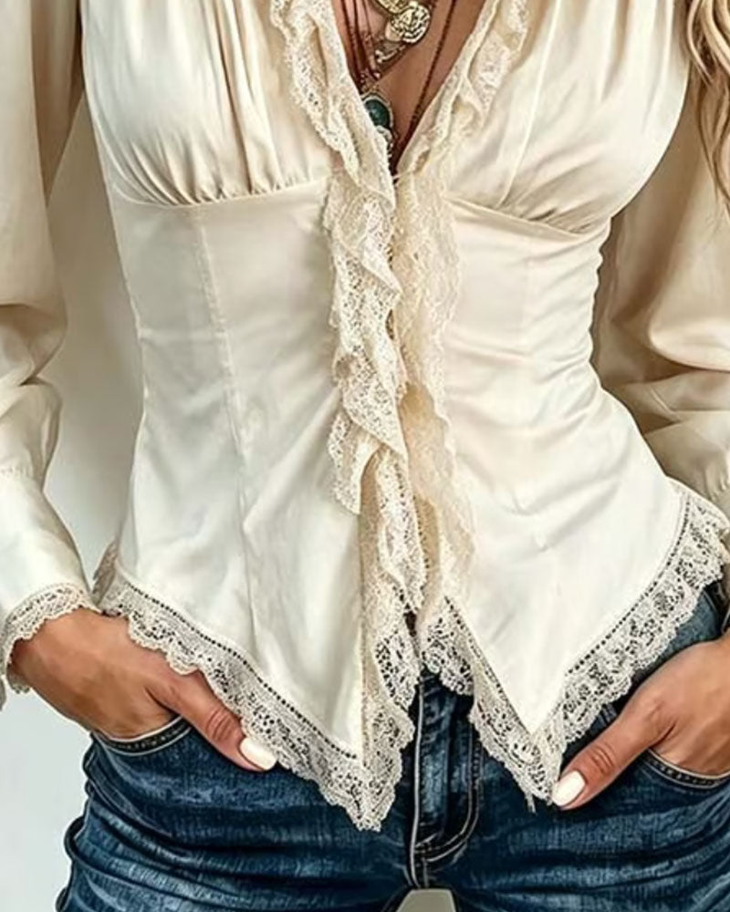 Collared Lace Spliced Long-Sleeve Blouse