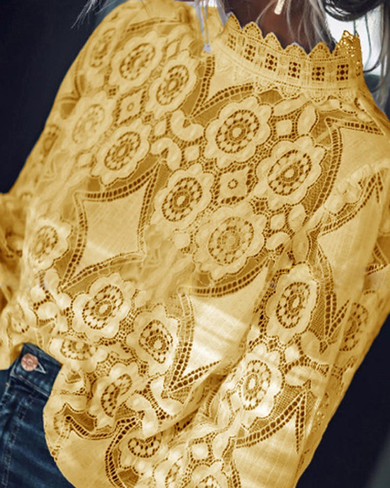 Sexy See-Through Long-Sleeved Stand-Collar Lace Blouse