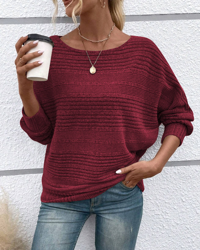 Solid Color Round Neck Long Sleeve Striped Top