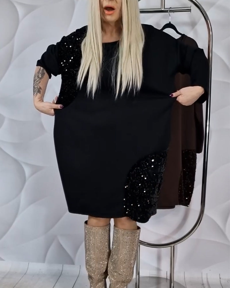 Round Neck Sequined Patchwork Dress