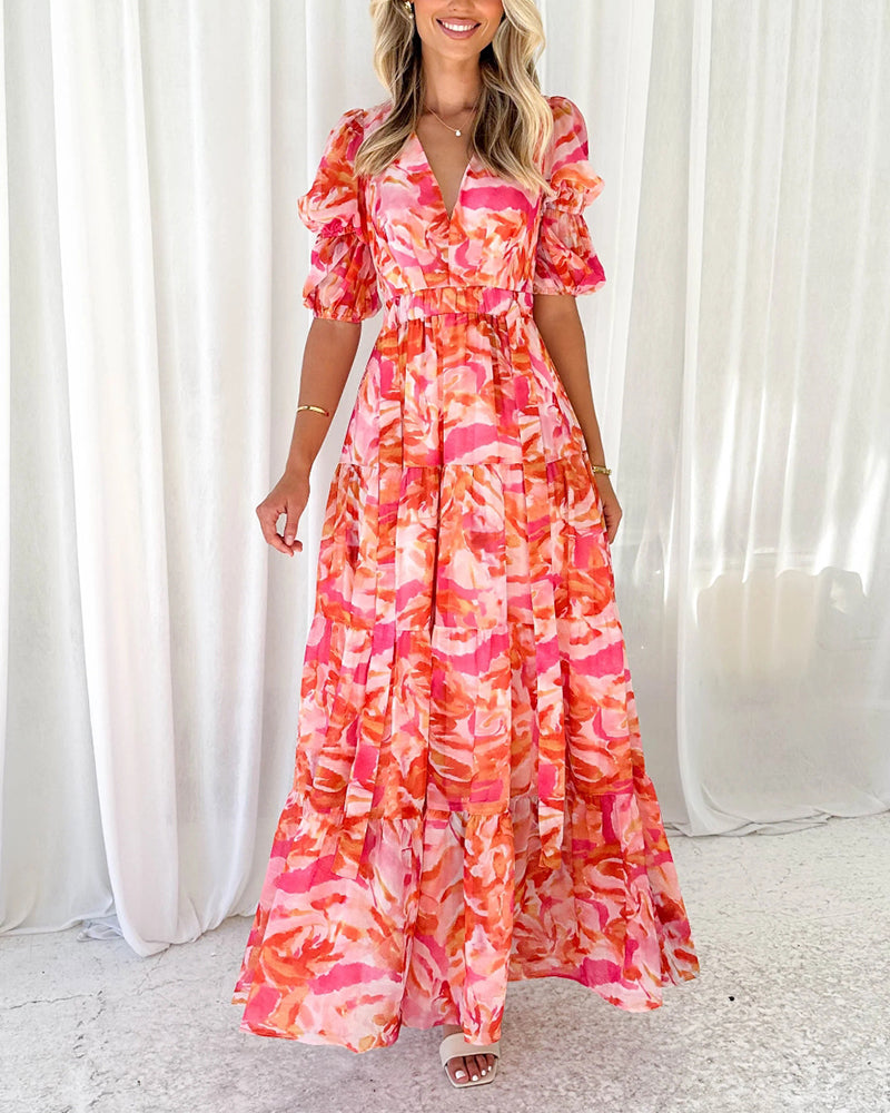 V-neck waist short sleeve dress