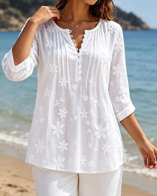 Button Front Smocked Floral Solid Blouse