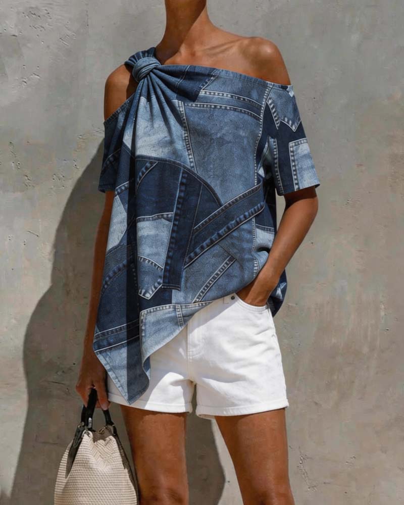 One-Shoulder Twist Knot Patchwork Blouse