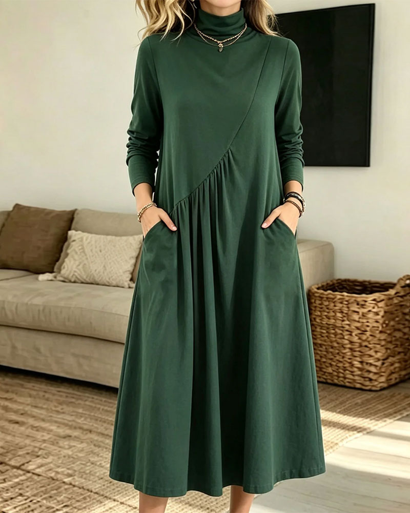 Turtleneck Ruched Pocket Maxi Dress