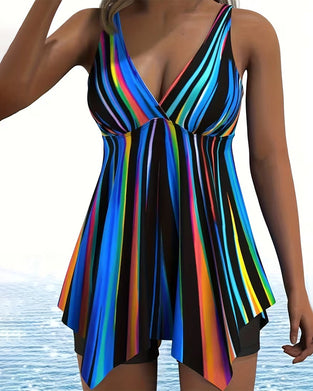 V-Neck Rainbow Striped Irregular Tankini