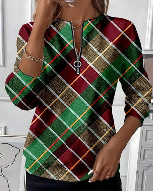 Half-Zip Plaid Long-Sleeved Sweatshirt