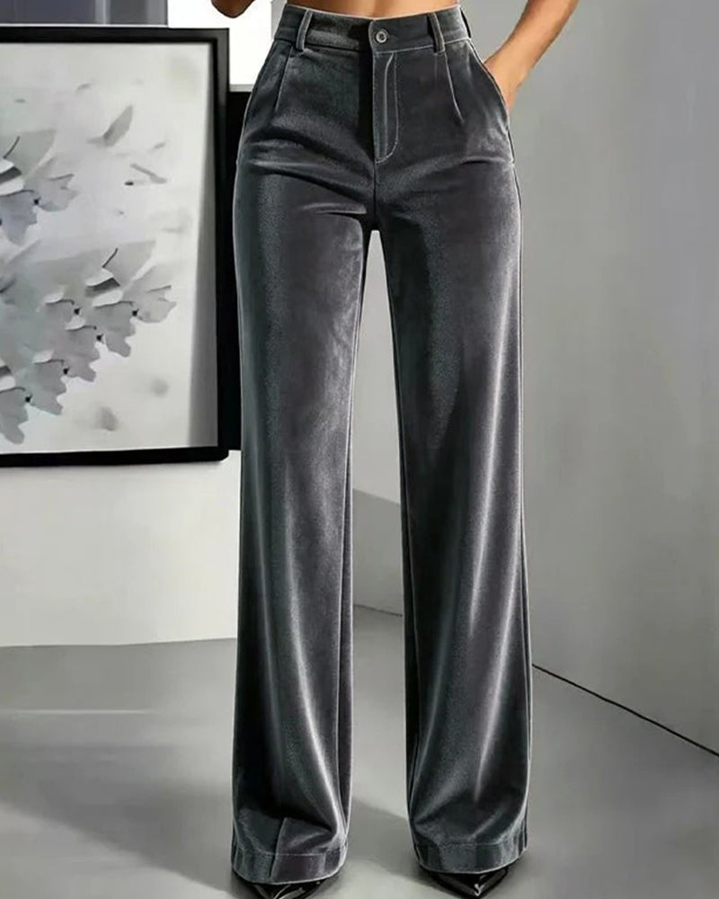 Solid Color Velvet Pocket Long Pants