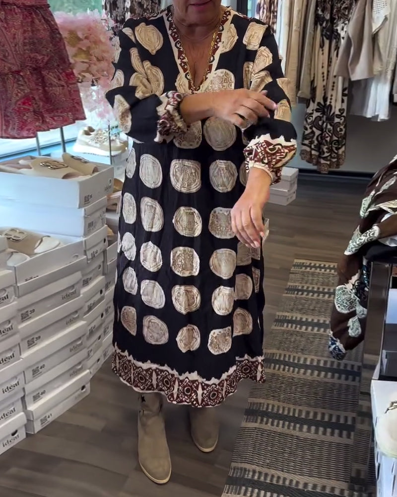Long-Sleeved V-Neck Printed Dress