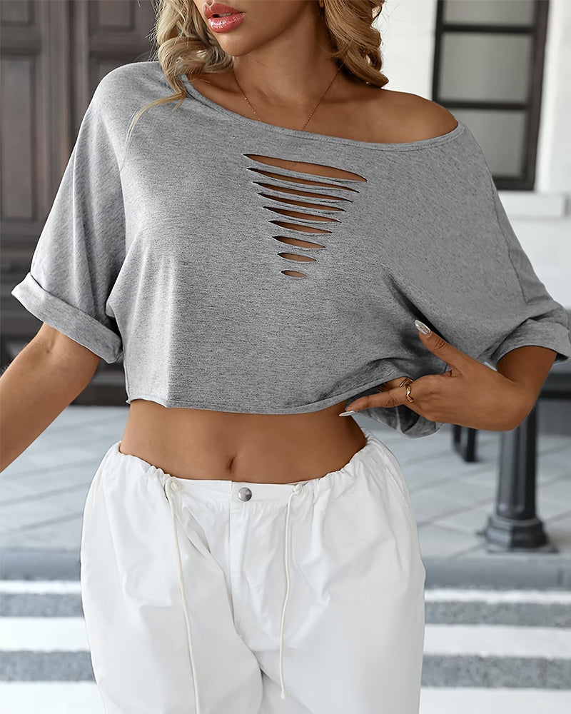 Off-Shoulder Asymmetric Ripped Rolled-Hem T-Shirts