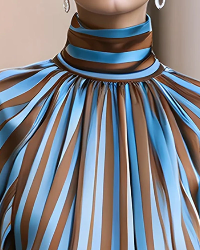 Stripe Shirred Turtleneck Blouse