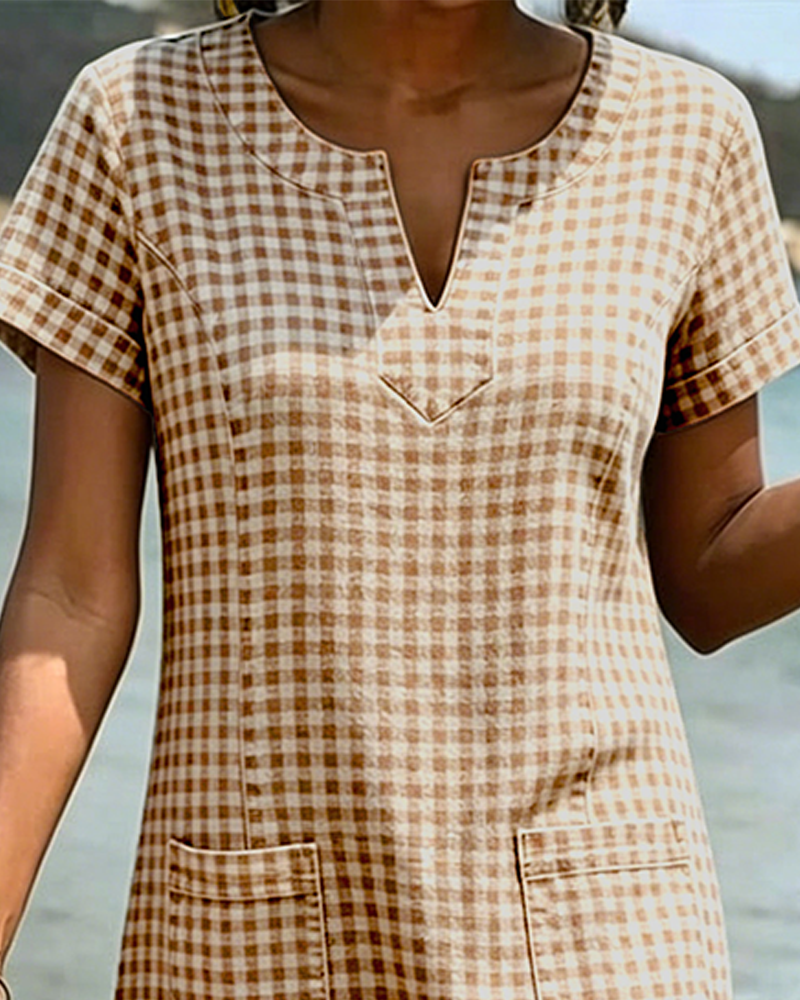 Small V-Neck Plaid Straight Dress