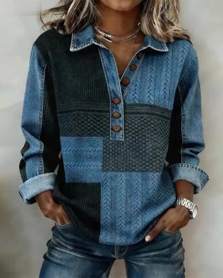 Printed Long-Sleeved Button-Down Sweatshirt