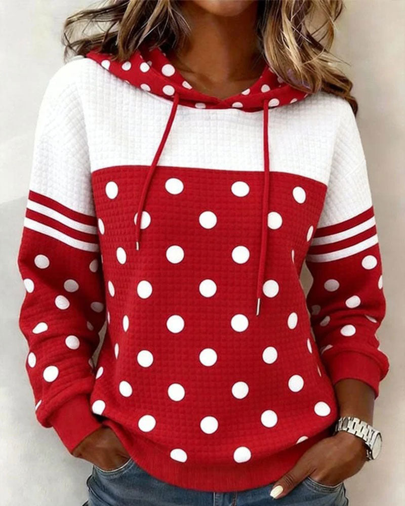 Polka Dot Color Block Drawstring Hoodie