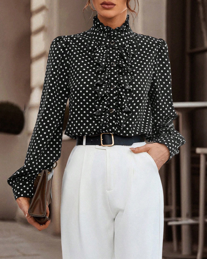 High-Neck Polka-Dot Ruffled Blouse