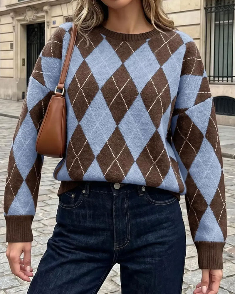 Diamond Color Block Crew Neck Pullover