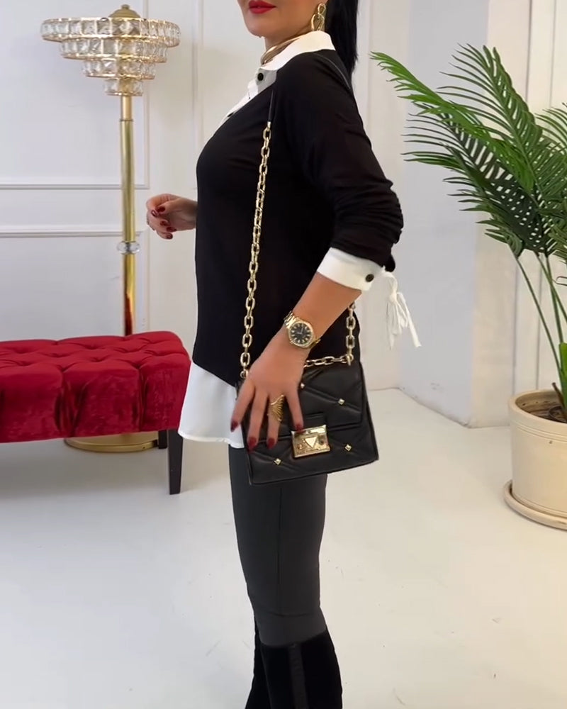 Lapel Black And White Patchwork Top