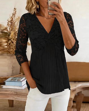 Relaxed V-Neck Lace Panel Blouse