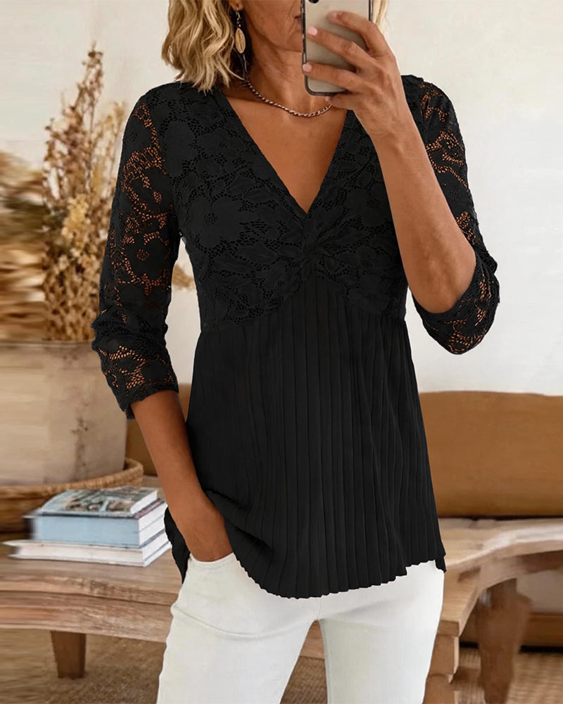 Relaxed V-Neck Lace Panel Blouse