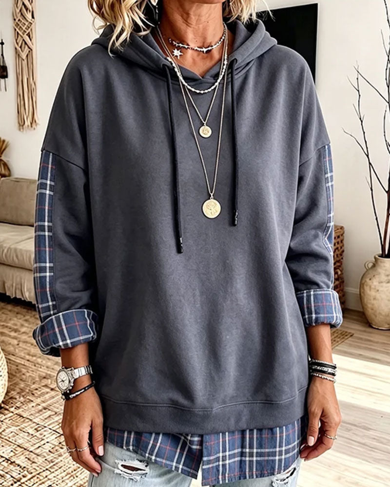 Plaid Mock Layered Hoodie
