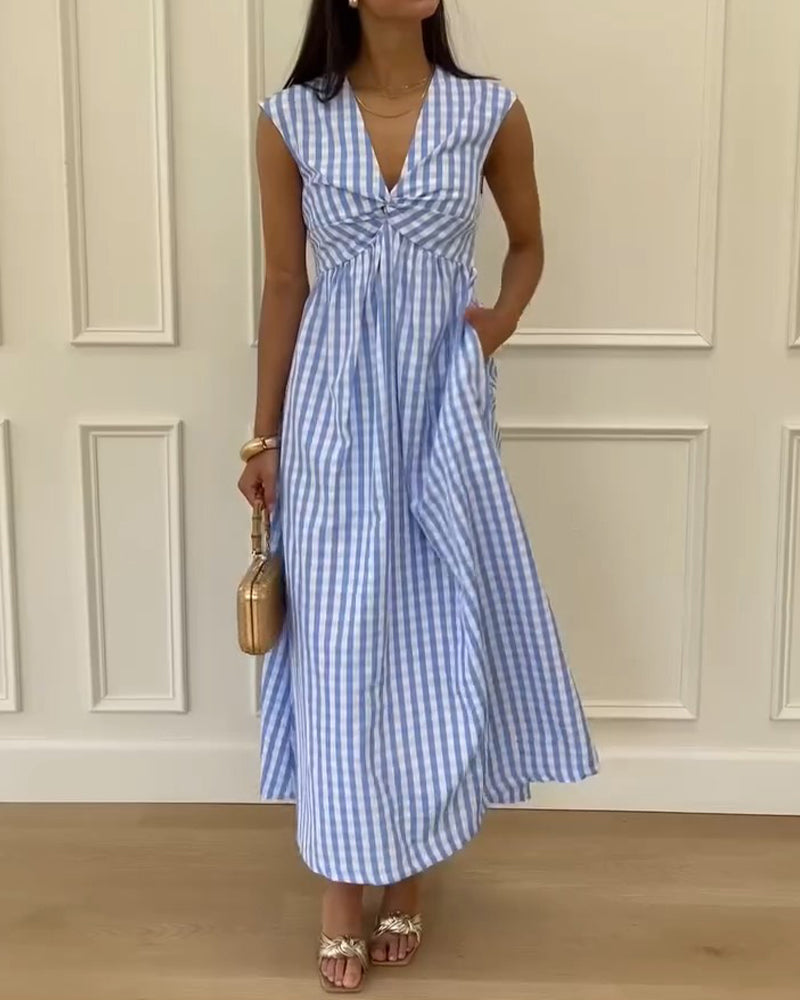 V-Neck Twisted Plaid Maxi Dress
