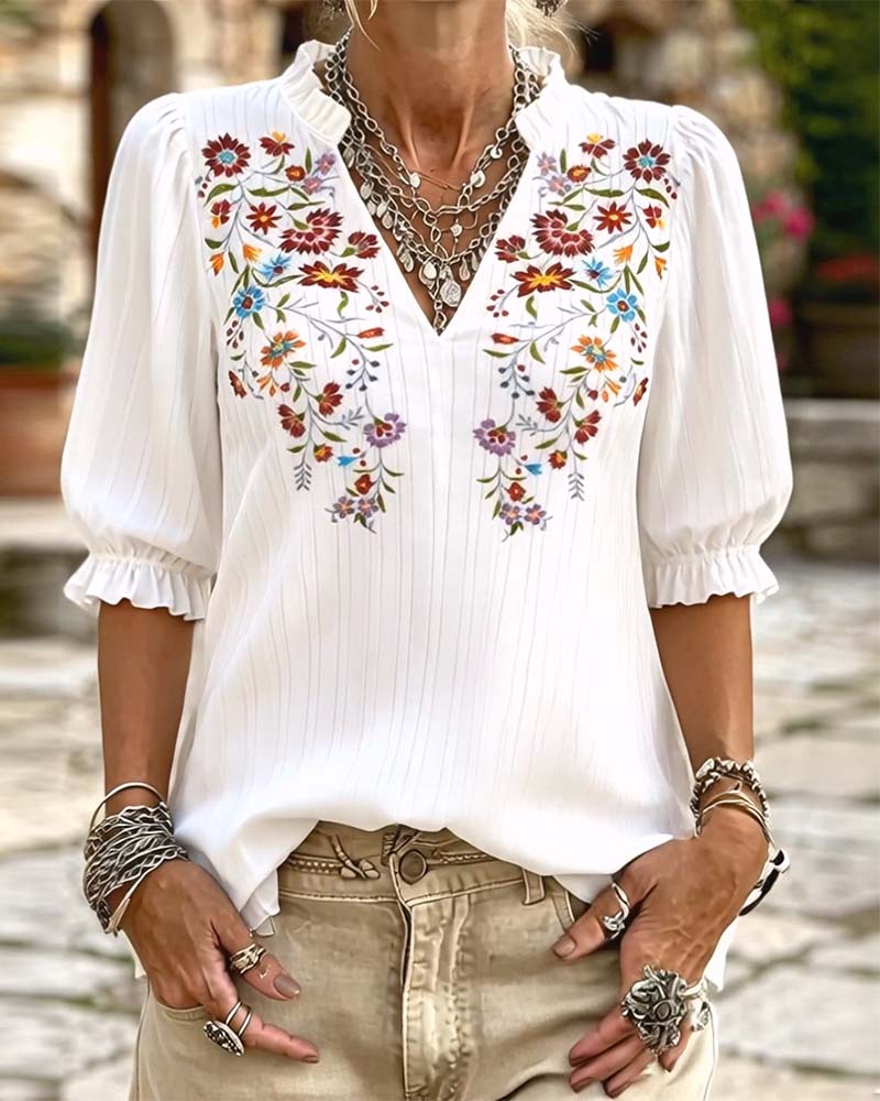 Ruffle Trim Print Casual Blouse