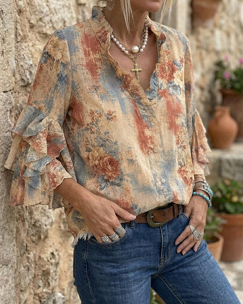 V-Neck Contrast Two-Tier Ruffle Blouse