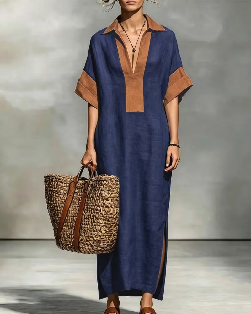 Lapel Colorblock Vacation Dress
