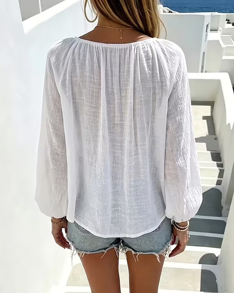 Lace-Up Solid Color Blouse