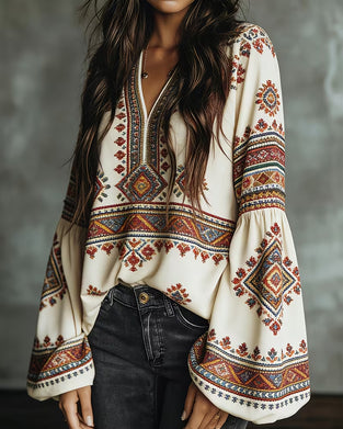 Ethnic Geometric Print Lantern Sleeve Blouse