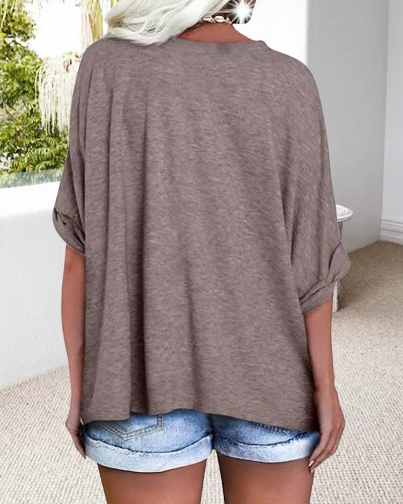 V-Neck Rolled-Hem Short-Sleeved Loose T-Shirt